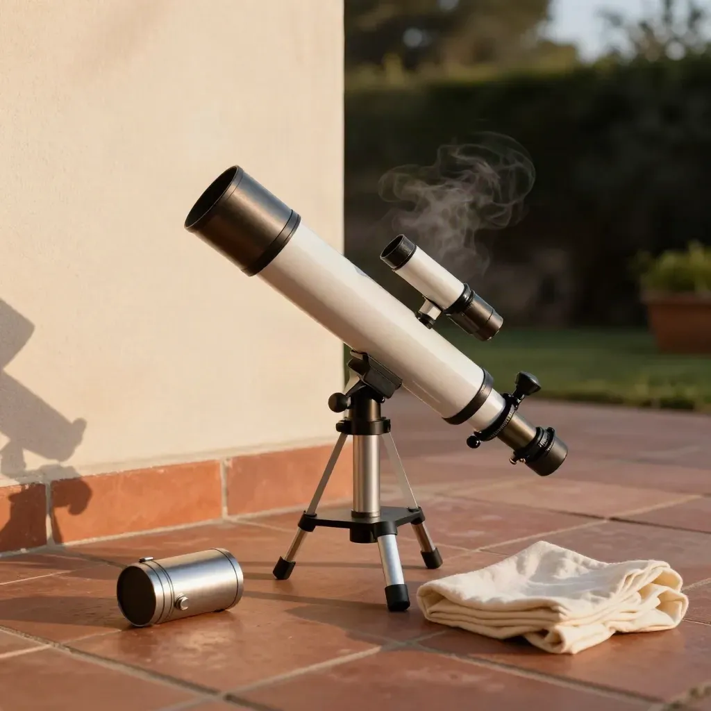 Telescopio refractor listo para observar al anochecer en una terraza tranquila, con caja de oculares cerrada.