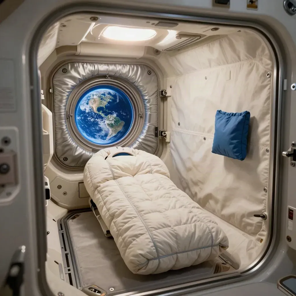 Interior de estación espacial con saco de dormir, paneles y ventanilla a la Tierra.