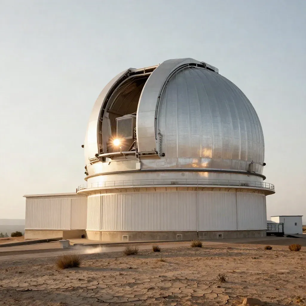 Observatorio solar en una loma seca rastreando una llamarada bajo cielo caliente.