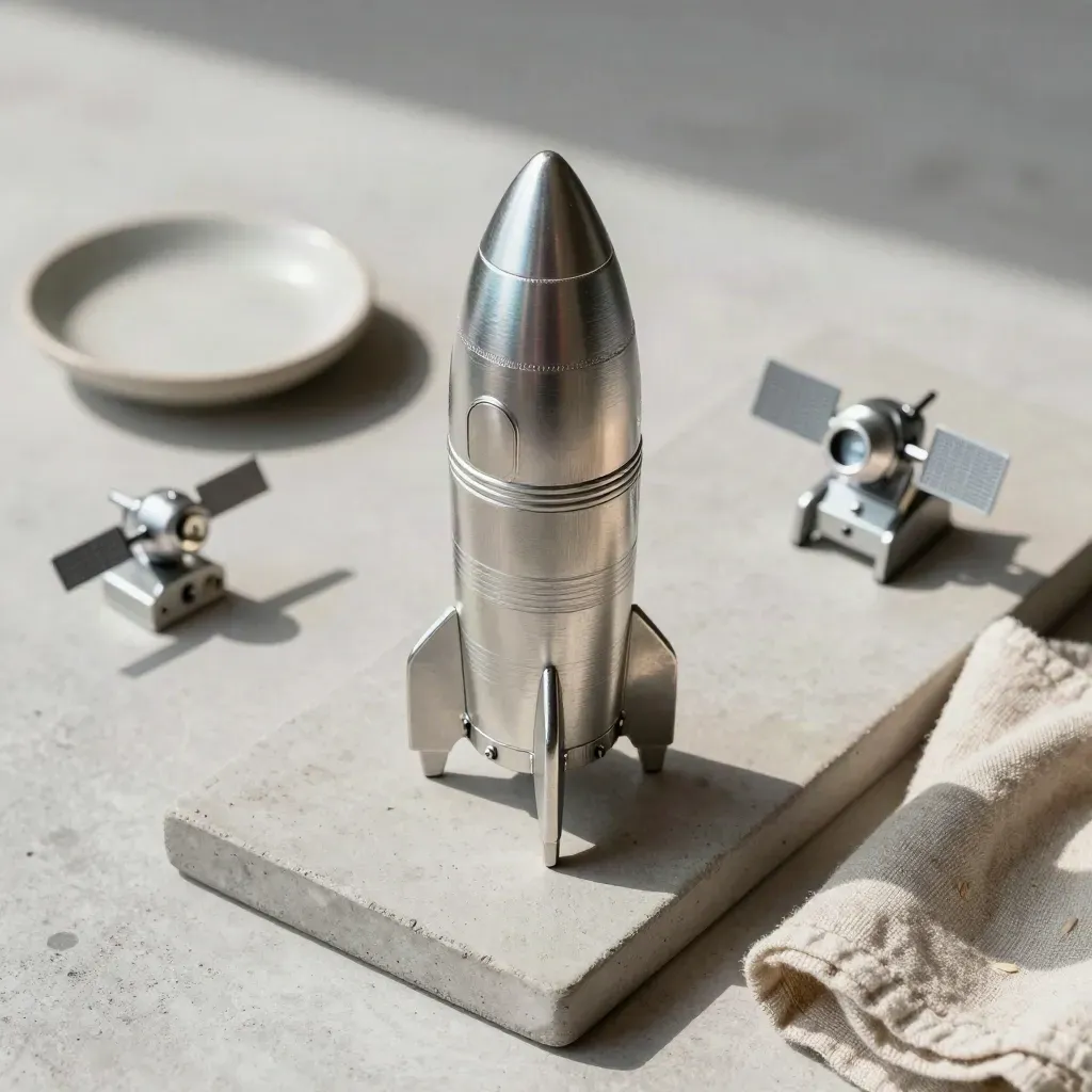 Mini cohete orbital de aluminio en bandeja de hormigón con módulos satélite y paño de lino.