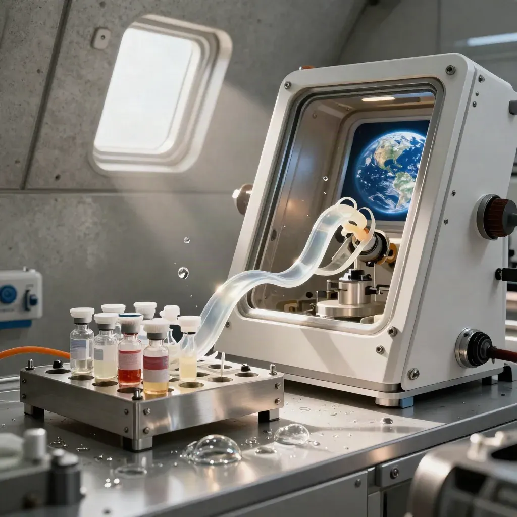 Laboratorio orbital con gotas flotantes, rack de muestras y la Tierra por la ventanilla.